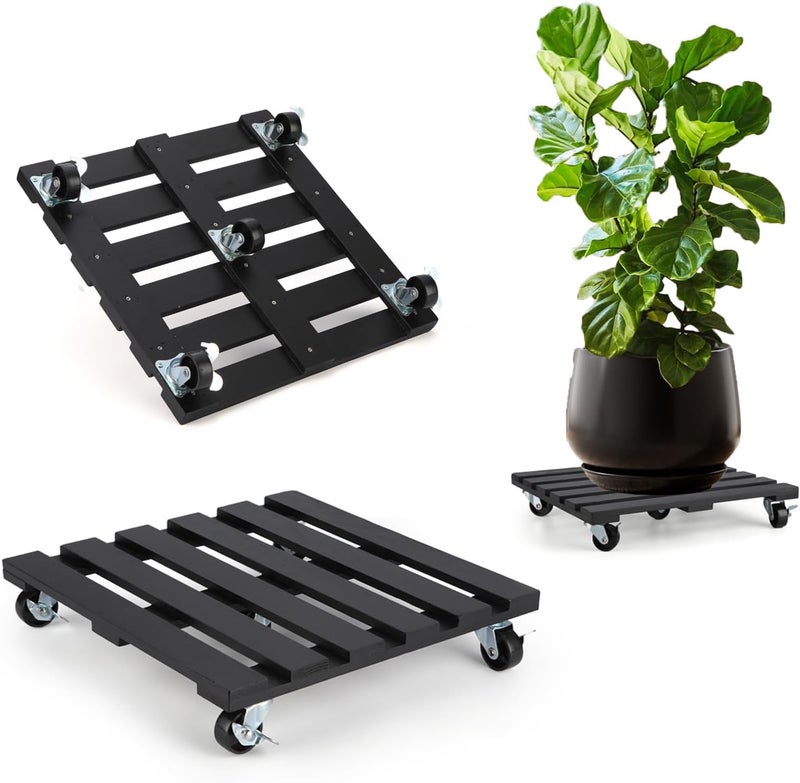 PRAQECZ 2 Pack Plant Stand with Wheels, 12" Rolling Plant Stand 264 LBS Heavy Duty Wooden Square Plant Caddy with Metal 360° Lockable Caster Wheels for Outdoor Indoor Large Plant Pots, Flower Pot, Patio-Black - Image 1